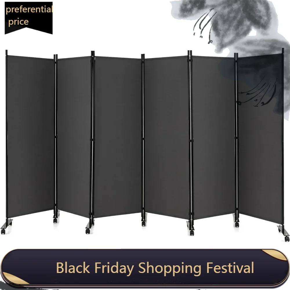 6 Panel Folding Room Divider, 6FT Rolling Privacy Screen with Lockable Wheels, Portable Room Partition Screen