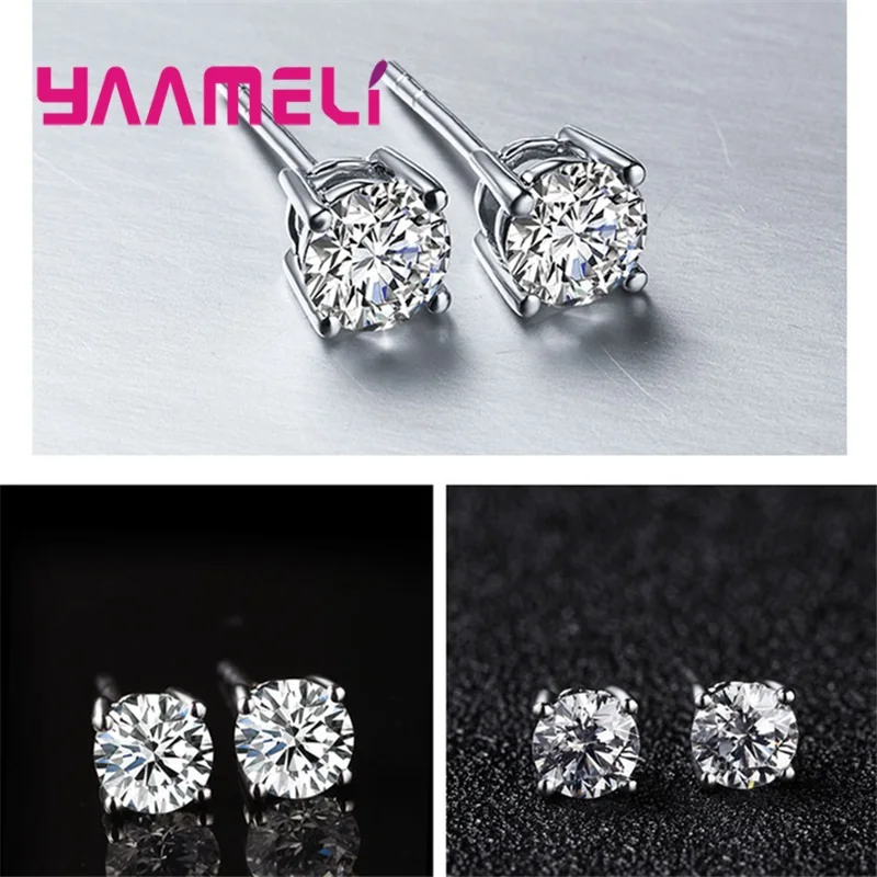 Shining Men Women 925 Sterling Silver Cubic Zircon Stud Earrings Four Claws Prong Setting Ear Jewelry 4mm/5mm/6mm/7mm/8mm