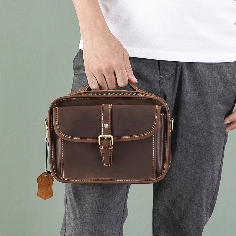 Genuine leather men's crossbody top layer cowhide messenger bag, square retro hand-held large-capacity single-shoulder bag