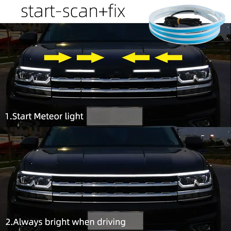 สแกนเริ่มต้นฝากระโปรงรถไฟวิ่งกลางวันแถบ 12V กันน้ํายืดหยุ่น LED Ambient Auto ตกแต่งบรรยากาศโคมไฟ Universal