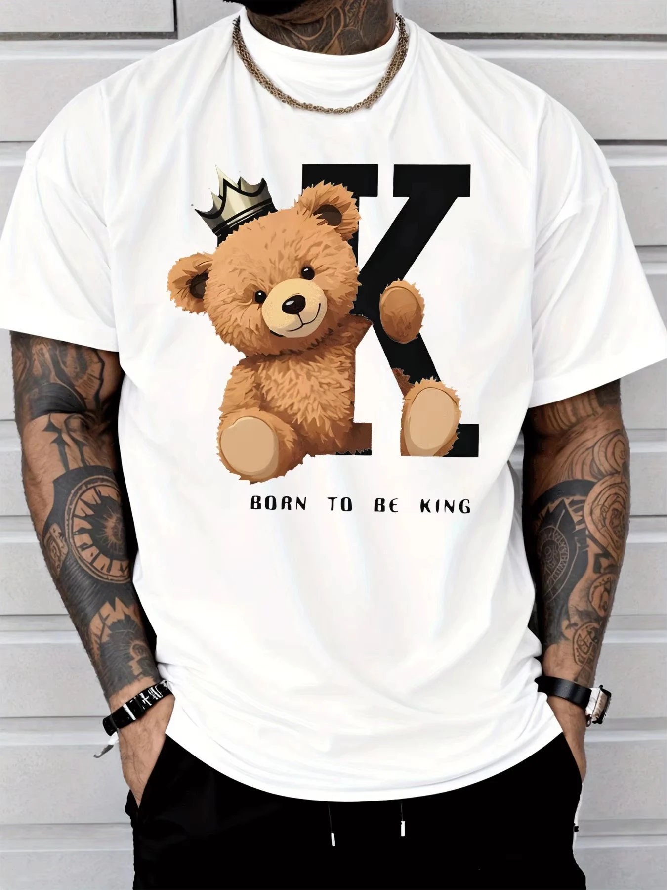 White Teddy Bear Crown Letter K Fashion Casual Trend T-shirt Cotton Graphic Tee Men Women Summer Streetwear