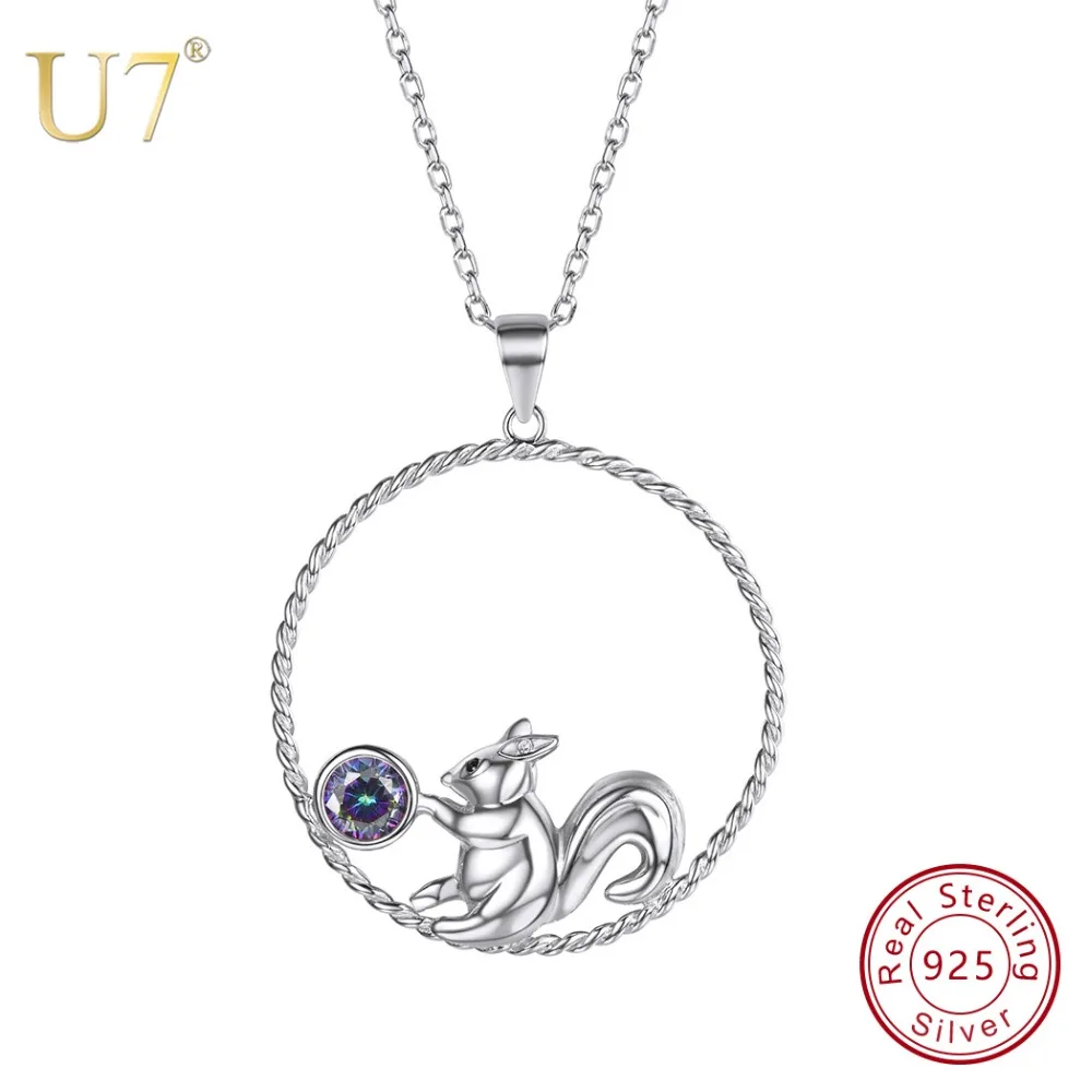 

U7 925 Sterling Silver Cute Squirrel Playing Gem Pendant & Chain Mother's Day Gift For Women Animals Jewelry Necklace SC50