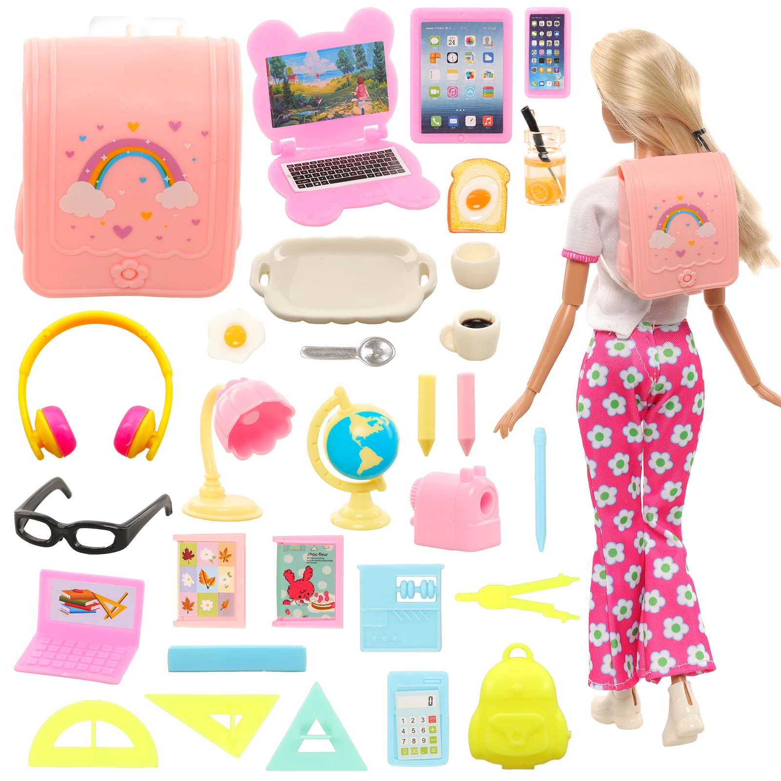 【Free Shipping】Barwa For Girl Doll Learning Set 30 Pieces=1 Backpack+3 Computers+17 Learning Acceccories+9 Other Accessories