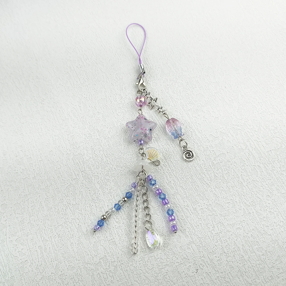 Y2K Purple Pink Jellyfish Key Chain Wind Chimes Star Shell Beaded Keyring for Phone Camera Earphone Case Charm Pendant Keycord