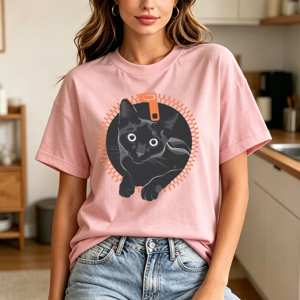 Black Cat Orange Zipper Circular Pattern Short Sleeve Funny Cat Graphic T-Shirt Y2K Aesthetic Streetwear Men Women Casual Tops
