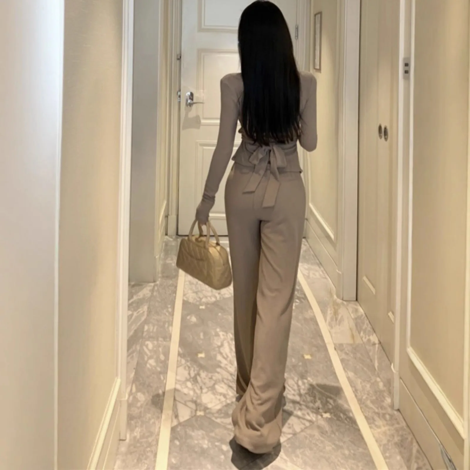 عارضة خارج الكتف طويلة الأكمام واسعة الساق السراويل قطعتين مجموعة غير النظامية أزياء الخريف الشارع نمط البوليستر مريحة تناسب