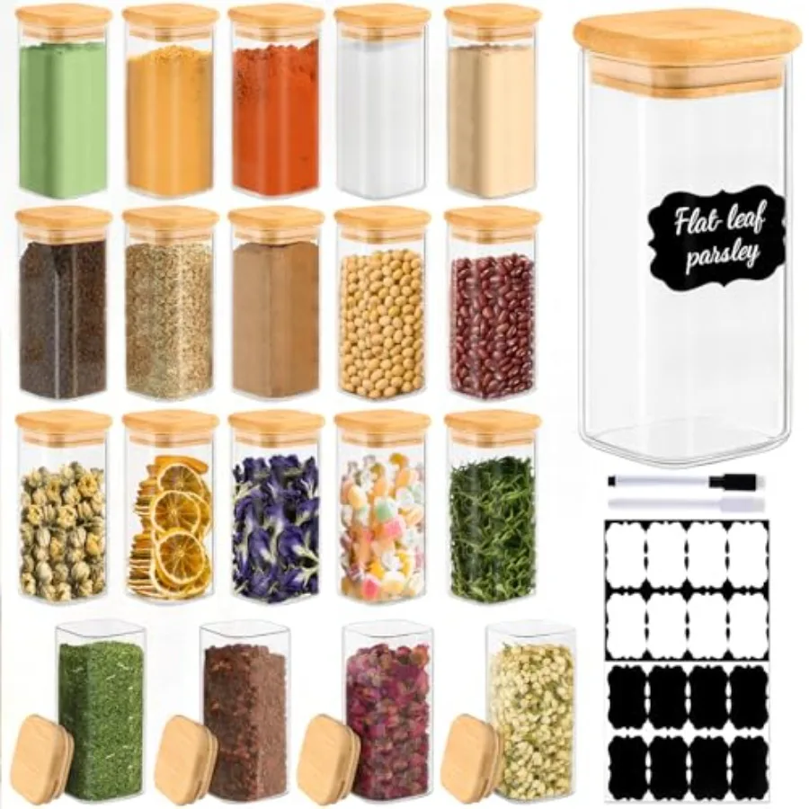 

20 Pack 10 oz Square Glass Spice Jars with Lids and Labels Airtight Small Spice Containers Set Clear Glass Storage Jars for Sea