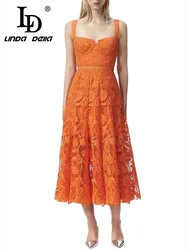 LD LINDA DELLA Summer 2024 luxury designer party Dresses for Women's Orange Suspender Splice Embossed hollow Lace Dresses