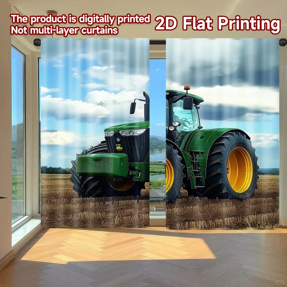

2D flat printing 2pcs Curtain Green Tractor in Field Digital Printed Polyester Drapes Seasonal Party & Holiday Decor for Indoor