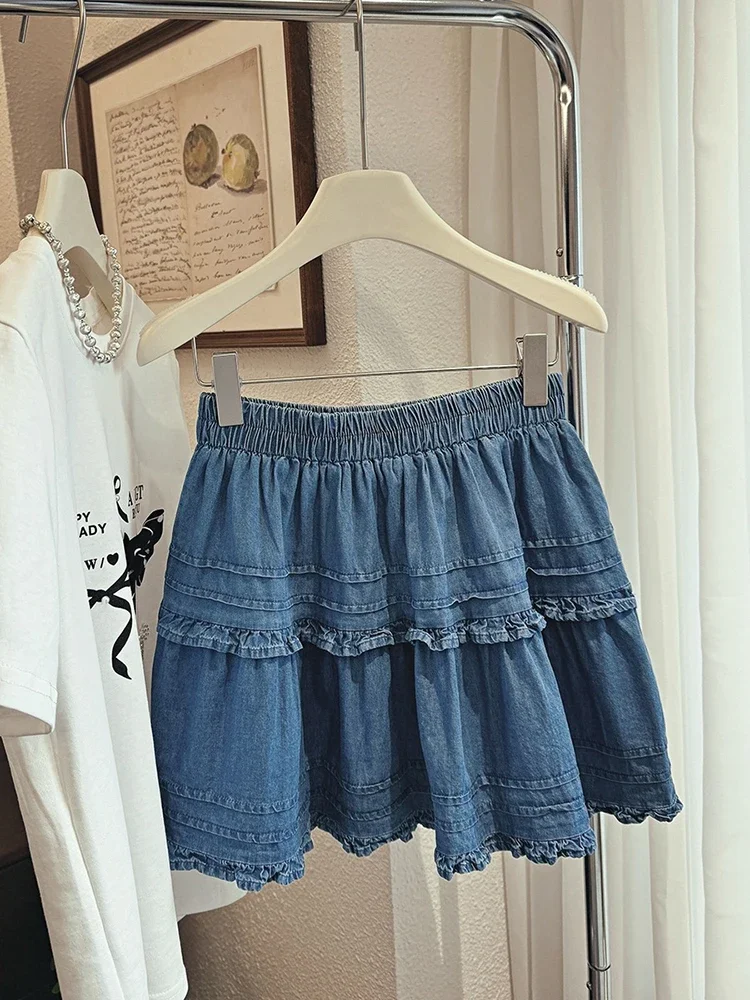 

Модная джинсовая юбка для девочек, джинсовая юбка с рюшами по краям, женская джинсовая юбка, лето 2021, новая повседневная юбка-торт в стиле ретро с высокой талией