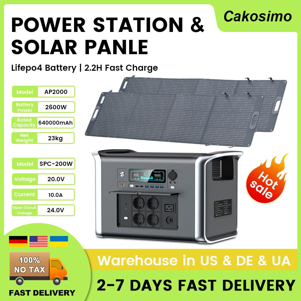 

2600W Portable Power Station With 200W Solar Panel 220v AC Outlets Lifepo4 Battery Solar Generator Energy Storage Supply Camping