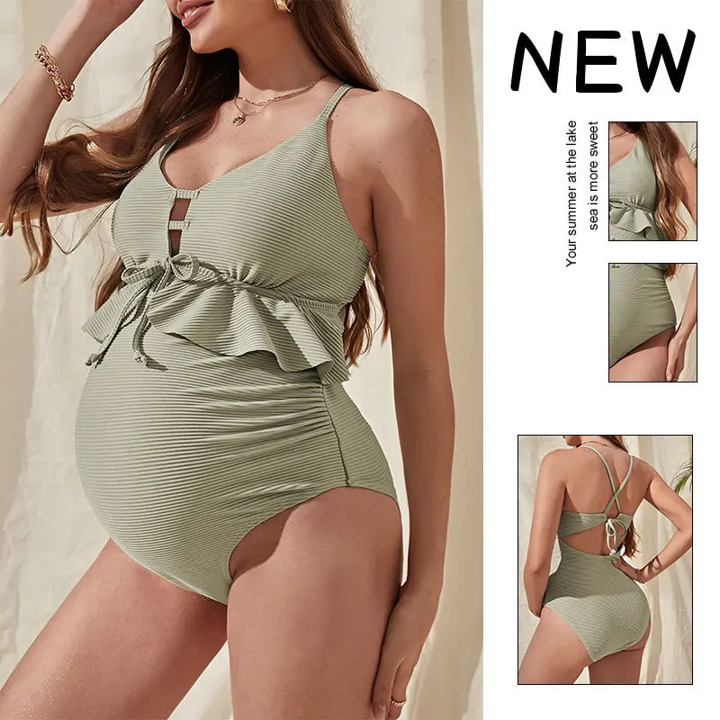 Ribbed Maternity One Piece Swimsuit Peplum Waist Tummy Control Bathing Suit Pregnant Women Beach Pool Swimwear