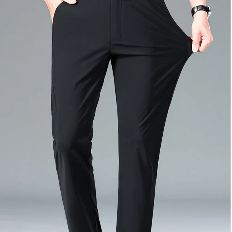 Men Black Casual Pants Stretch Straight Summer Pants Business Baggy Man Adult Clothing Casual Office Thin Slim Fit Solid  New