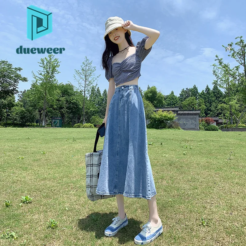 

DUEWEER Summer Korean Style Fashion Midi Skirt Elegant Women's Pleated High Waist Denim Long Skirt Harajuku Vintage A Line Skirt