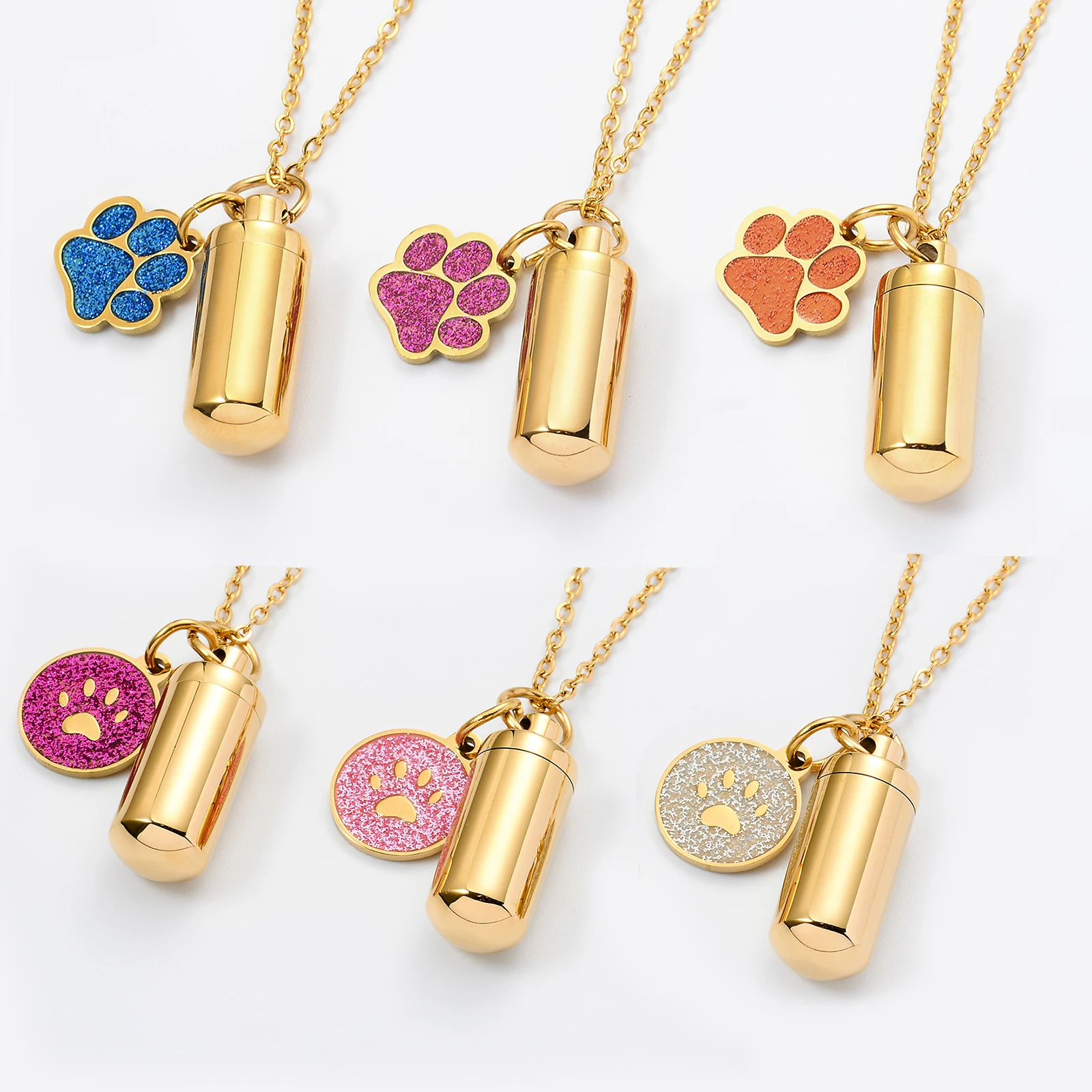 Cylinder Cremation Necklace for Pet Ashes Urn Necklace with Pet Paw Charm Ashes Necklace for Dog/Cat Memorial Keepsake Jewelry