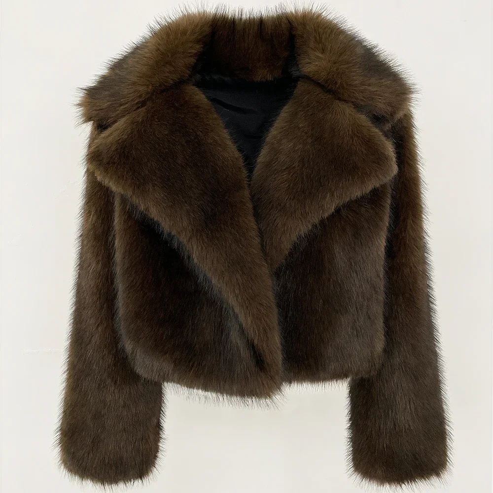 Chaqueta de piel sintética degradada para mujer, abrigo de invierno grueso y cálido con cuello de zorro esponjoso, ropa de abrigo de moda urbana elegante de lujo