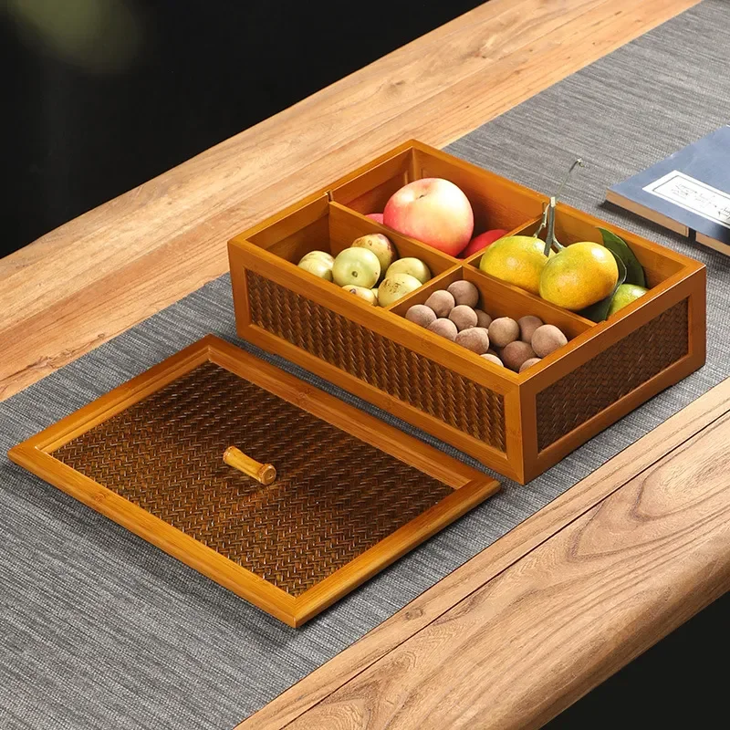 Handmade Bamboo Dried Fruit Storage Box Retro Woven Snack Tray Desktop Candy Nut Plate Home Decor Grid Organizer for Seeds
