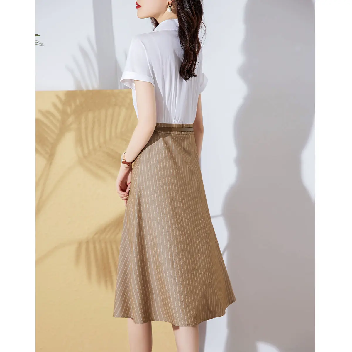 Patchwork Elegant Brief Women'S Summer Dress Clothing 2024 New Turn Collar False 2 Pieces Belt Slim Office Lady Dresses