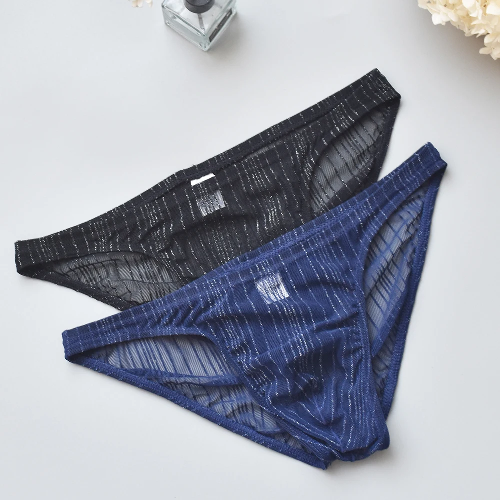 

Men Sexy Breathable Cool Briefs Mesh Sheer Underwear U Convex Pouch Transparent Striped Underpants Bottoms