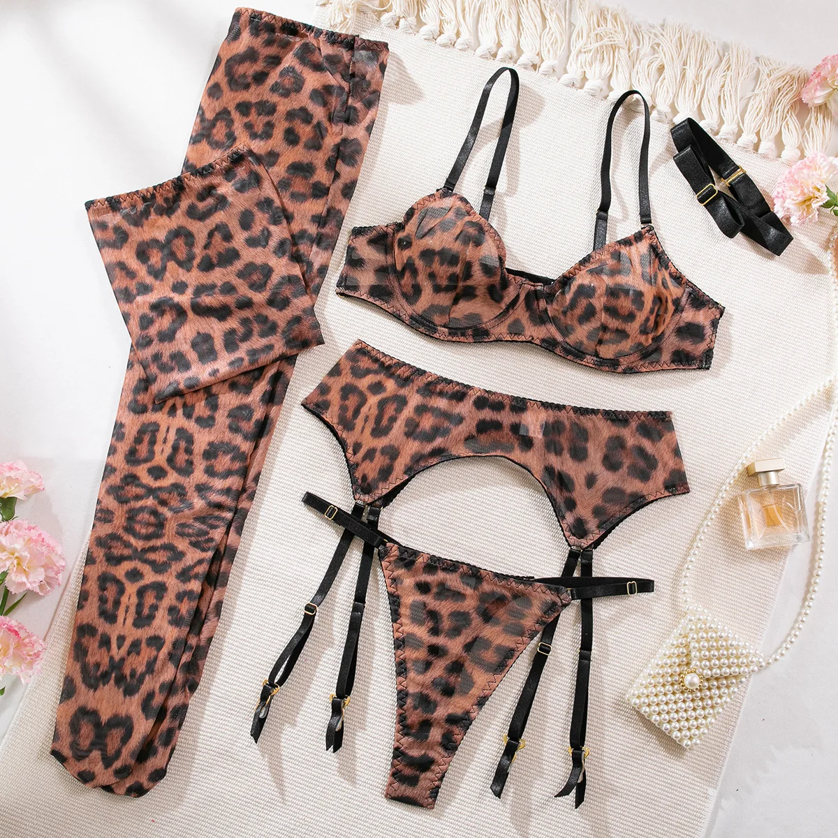 CHUANGERM Leopard Erotic Lingerie Sexy Underwear Six-piece Push-up Bra with Pantyhose Set Porno Costume Sexy Onlyfans Women Open