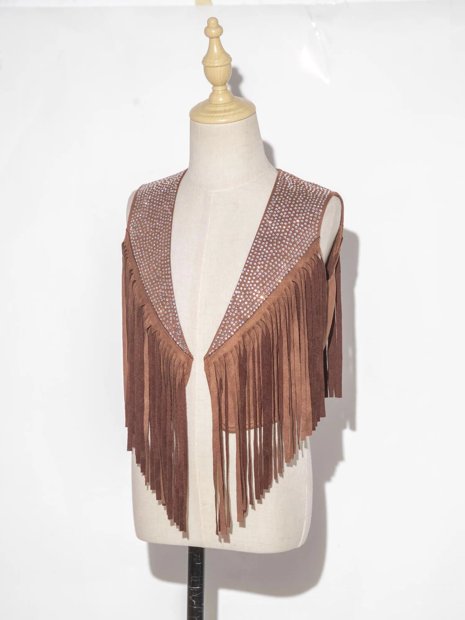 Child Western Cowboy Cowgirl Performance Costume Halloween Carnival Open Front Waistcoats Rhinestones Suede Tassels Fringed Vest
