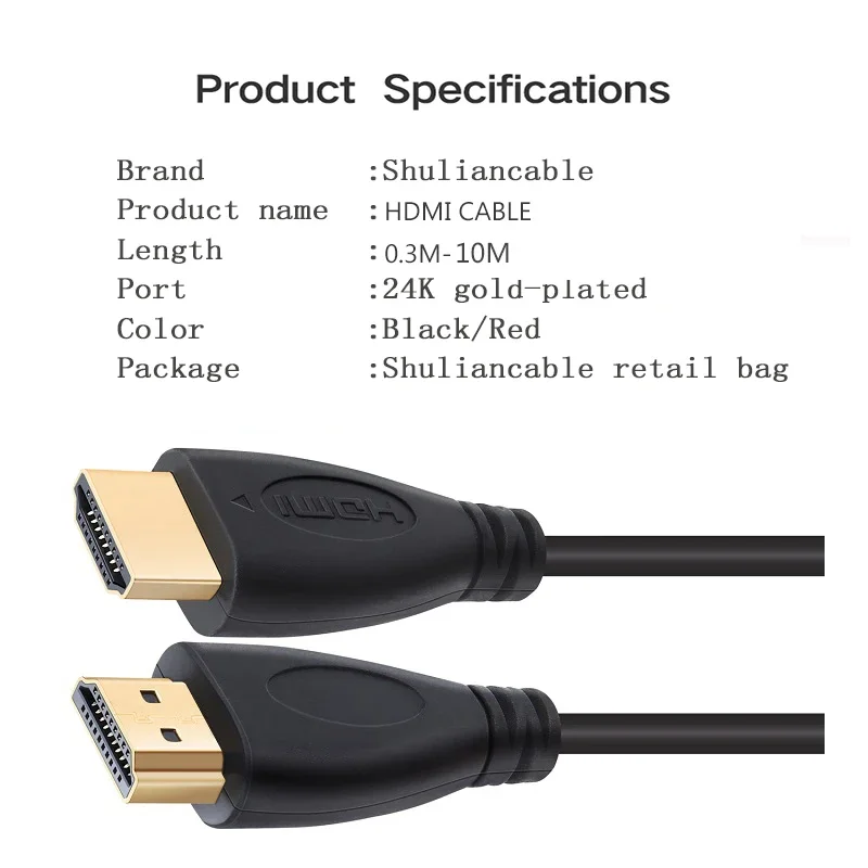Kabel HDMI Shuliancable, szybki, pozłacany, złącze męskie-męskie, długości 1m, 1,5m, 2m, 3m, 5m, 7,5m, 10m, 15m, do HD TV, XBOX, PS3, komputera. — zdjęcie produktu 4