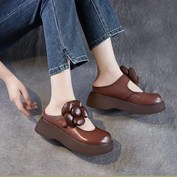 انفصال زهرة رئيس جلد طبيعي كعب سميك النعال المرأة الصيف نمط جديد صنادل أرضية أحذية مريحة الانزلاق على