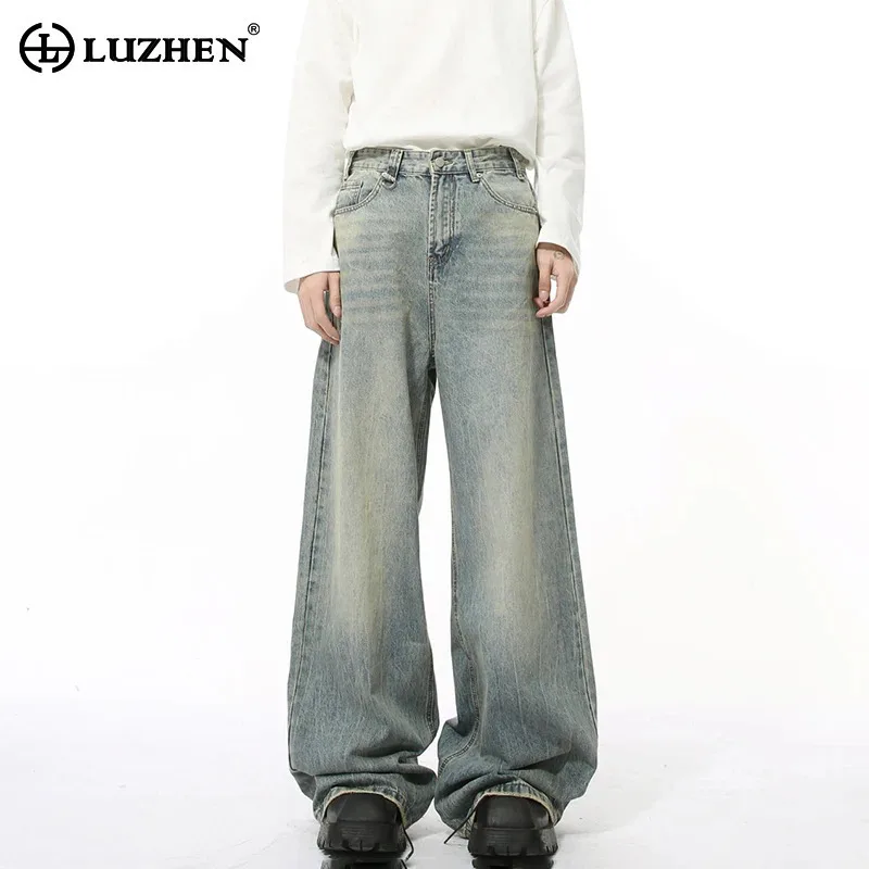 LUZHEN Simplicity Men New Grinding White Washed Jeans Vintage Versatile Casual Original Straight Tube Denim Pants Autumn LZ8136