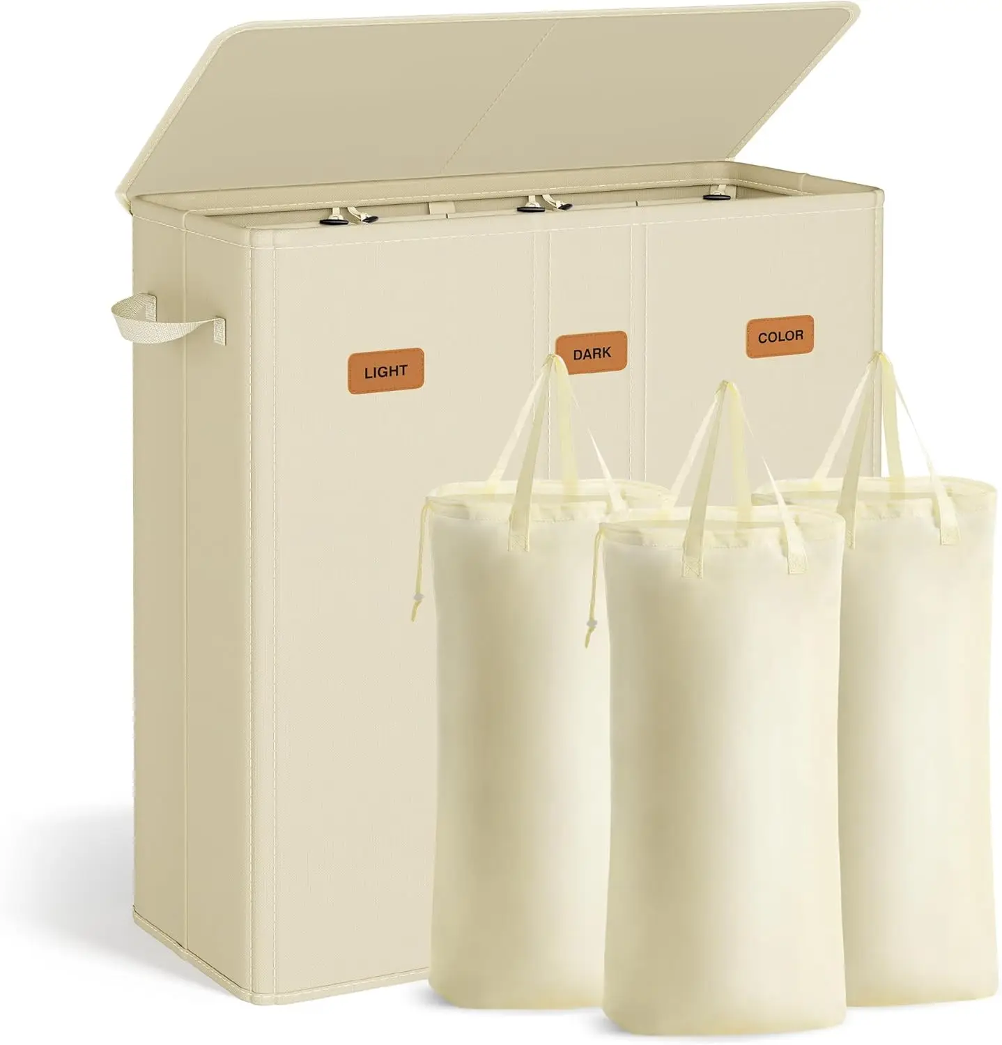

Корзина для белья на 180 л (47,6 галлонов) с крышкой, 3-секционный сортировщик, съемные мешки-вкладыши для спальни, кремово-белая
