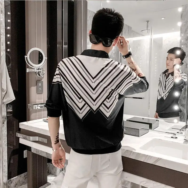 Stylish Printed Lapel Spliced Korean Striped Shirts Men\'s Clothing 2023 Spring New Loose Casual Tops Half Sleeve All-match Shirt