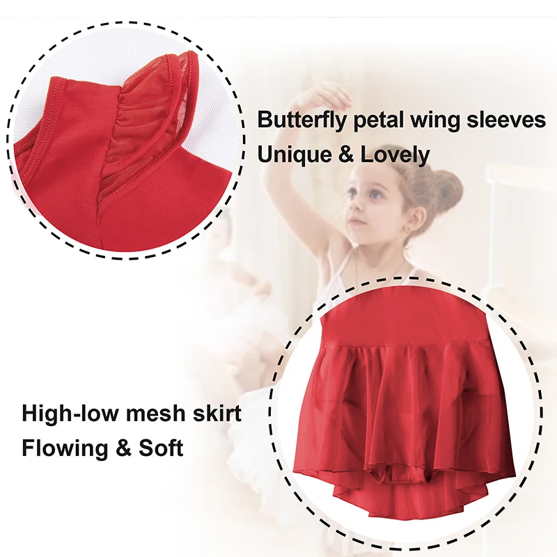 女の子用バレエレオタード、幼児用フリル袖ハイローファインメッシュスカート、キッズ用長袖ダンスドレス