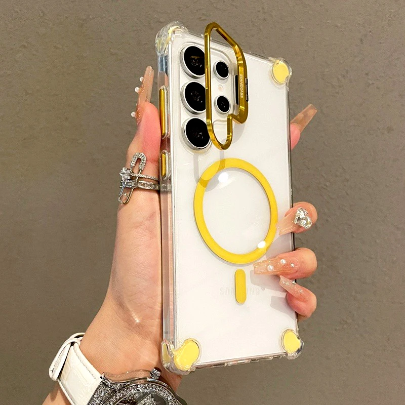 Luxury Transparent Case For Samsung Galaxy S23  S24 S25 S26 Ultra S26 Plus S24FE A56 A36 A37 Magsafe Wireless Charge Stand Cover