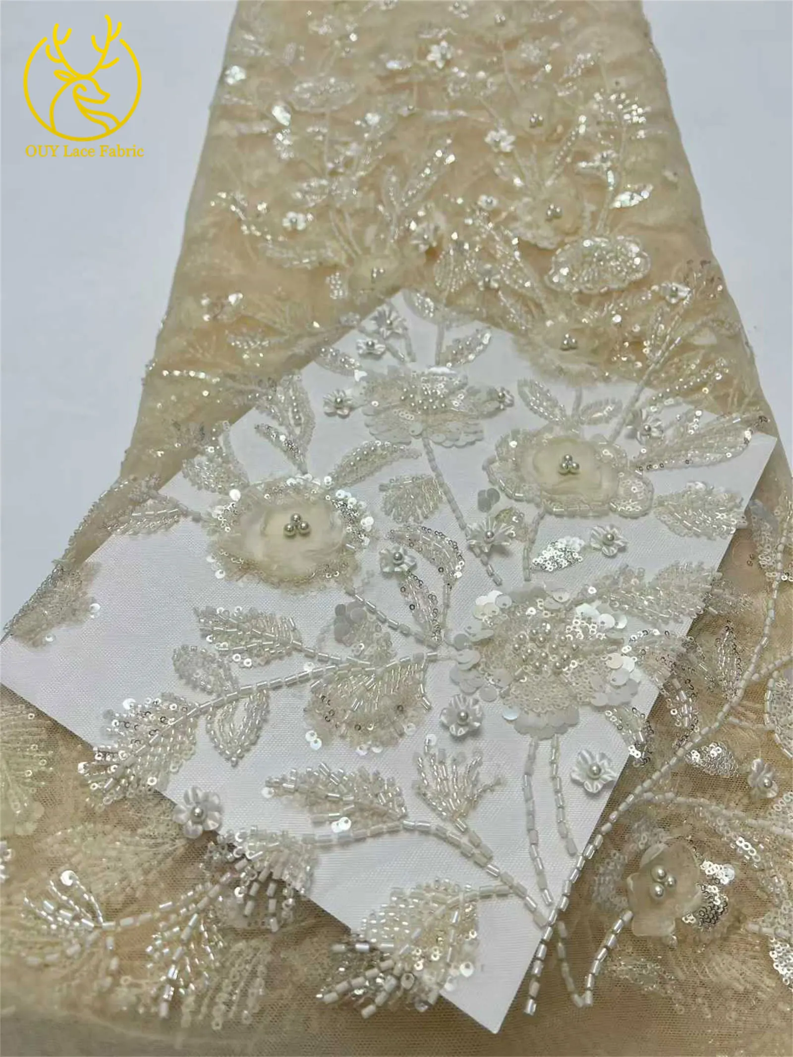 Afrikanischer 3D-Blumen-Handperlen-Spitzenstoff 2026 Hochwertiger Französischer Stil Nigerianischer Pailletten-Spitzenstoff Ideal für Partykleider – Detail 8