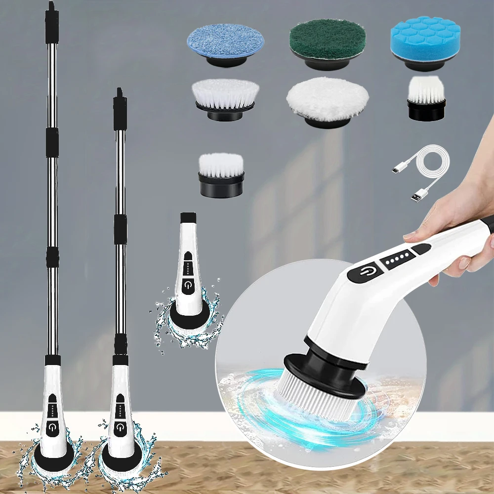Electric Cleaning Brush, WirelessElectric Rotary Scrubber, 7 Brush Heads And AdjustableExtension Handle, Cleaning Tools