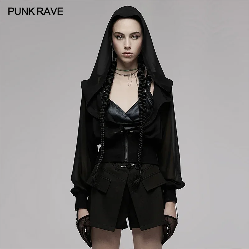 punk-rave-women's-gothic-daily-hooded-chiffon-sunscreen-jacket-with-waistband-black-casual-short-coat-women-shirts