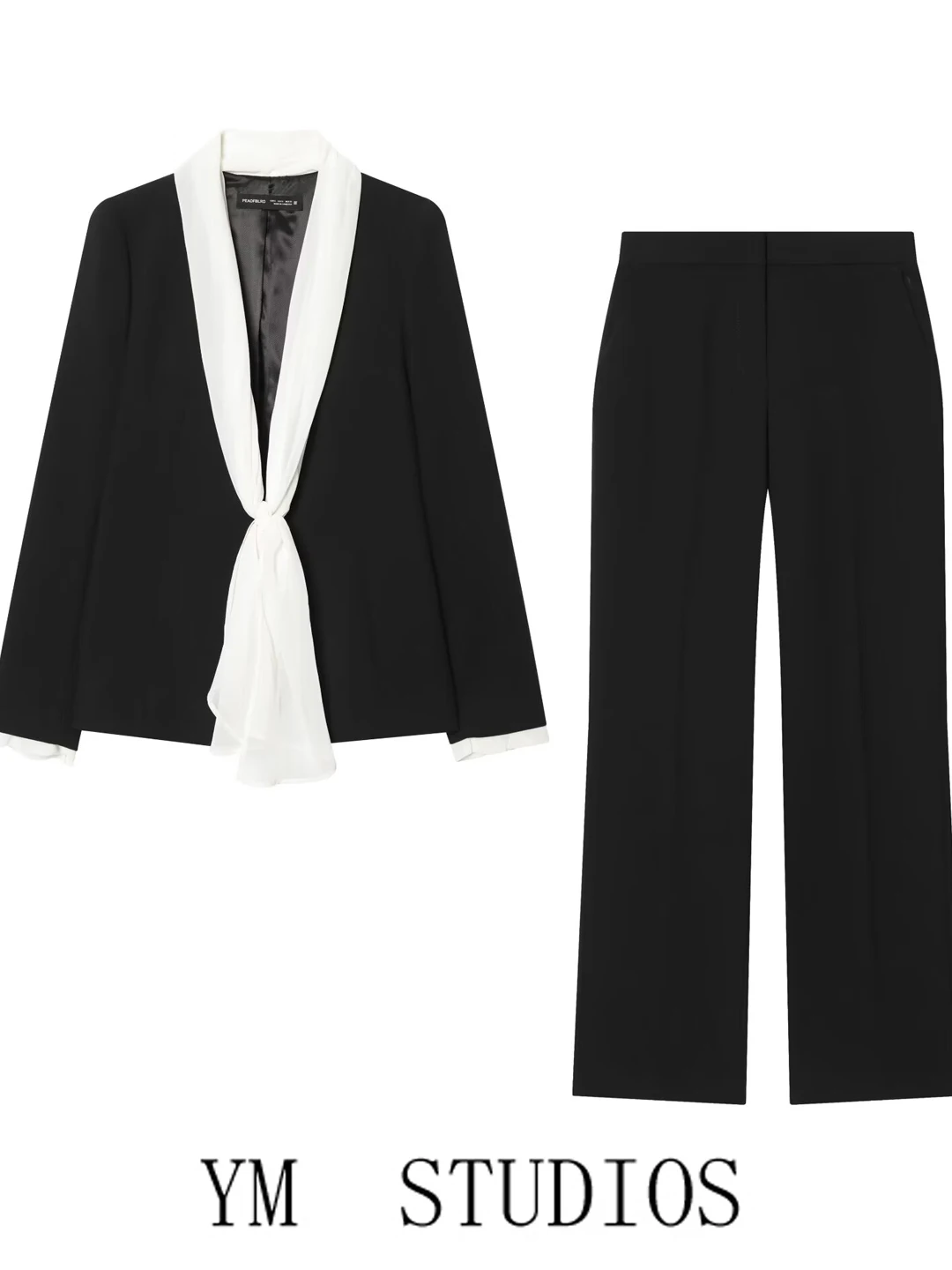 Elegant  Knot Scarf Decorated Suit Set Office Professional Long Pants Autumn Season Women's Fashion Straight Cut Suit