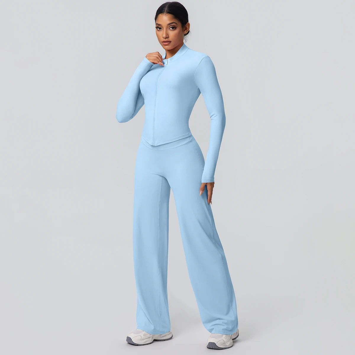 2 stück Schnell Trocknend Sport Fitness Kleidung Yoga Set Frauen Yoga Zipper Lange Ärmel Hohe Taille Atmungsaktive Breite Bein Hosen set – Detail 34
