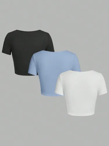 Imagen 2 del producto Camiseta de 3 piezas para mujer, tops con escote cuadrado, tops cortos de manga corta para mujeres y niñas, ropa de calle sexy, camisetas superiores