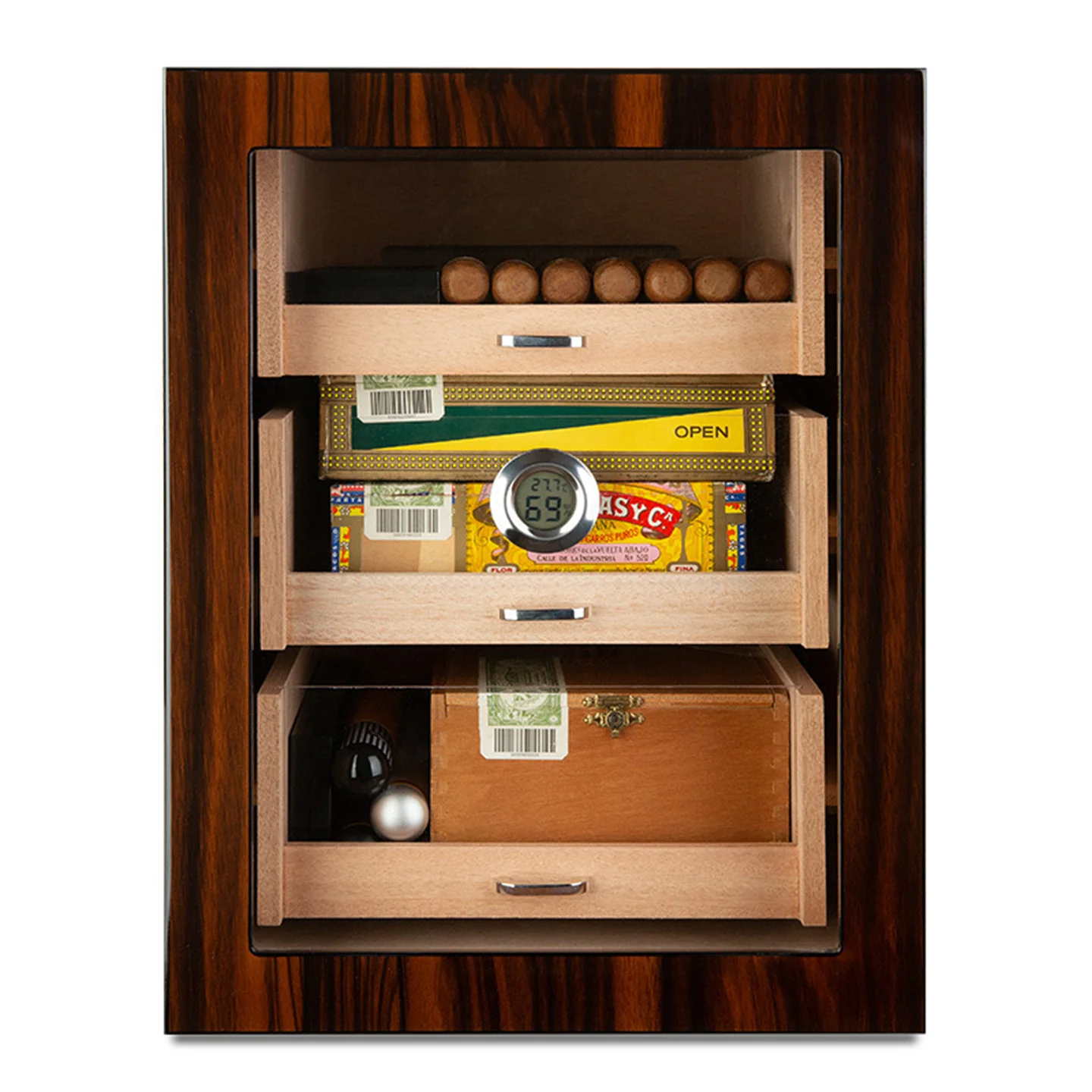 Three Drawer Tower Cigar Cabinet Humidor , Glass Window Spanish Cedar Wood & Piano Paint , Humidity Control & Pest Resistance