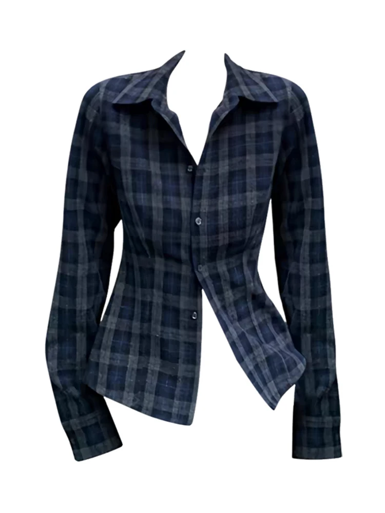 

Женская клетчатая одежда в стиле ретро в американском стиле для колледжа, облегающая внутренняя одежда с длинным воротником свека, многослойная одежда для осени и зимы