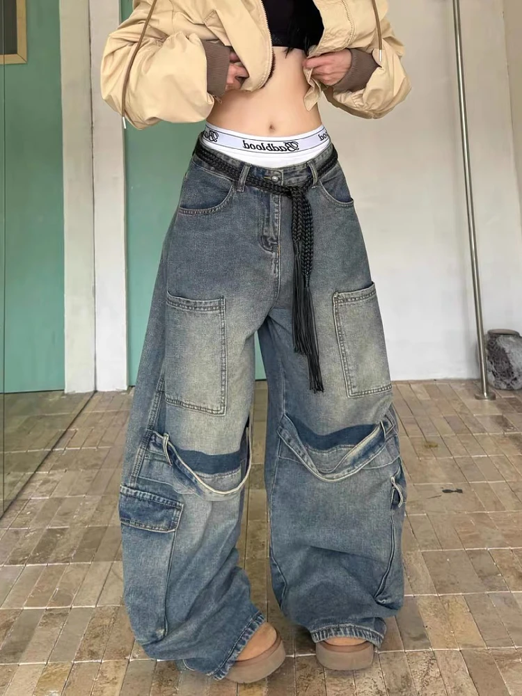 

Женские джинсы с высокой талией и широкими штанинами, свободного кроя, в стиле пэчворк, винтажные, в американском уличном стиле, из денима.