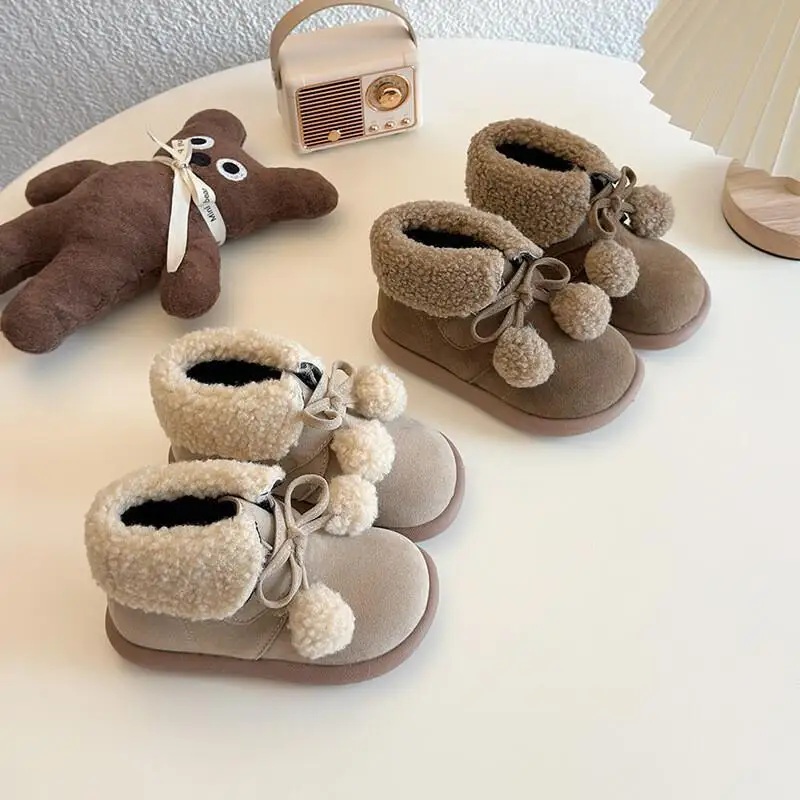 

Kawaii Casual Shoe Fashion Childrens Shoes Girls Korean Style Lamb Wool Collar Cotton Boots 2024 Winter New Soft Sole Plush Warm