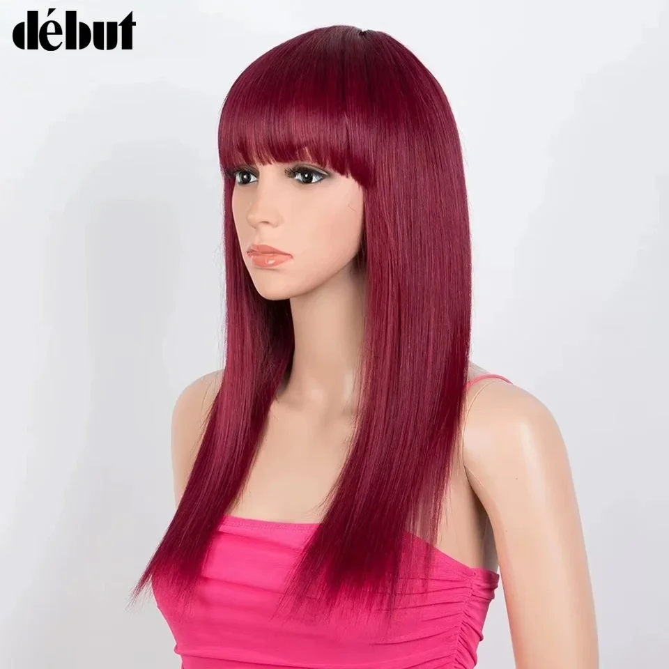 

Натуральные прямые парики Burg Silky Straight с челкой, полностью машинной работы, 16-28 дюймов, 99J, из перуанских волос Реми, 180% плотность