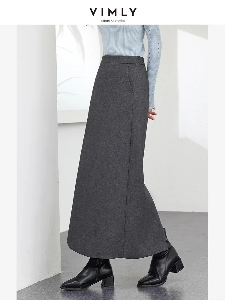 VIMLY Women's Classic Retro Long Skirts Autumn Elegant Office Lady Back Slit Casual Length-option Female Straight Simple Skirts