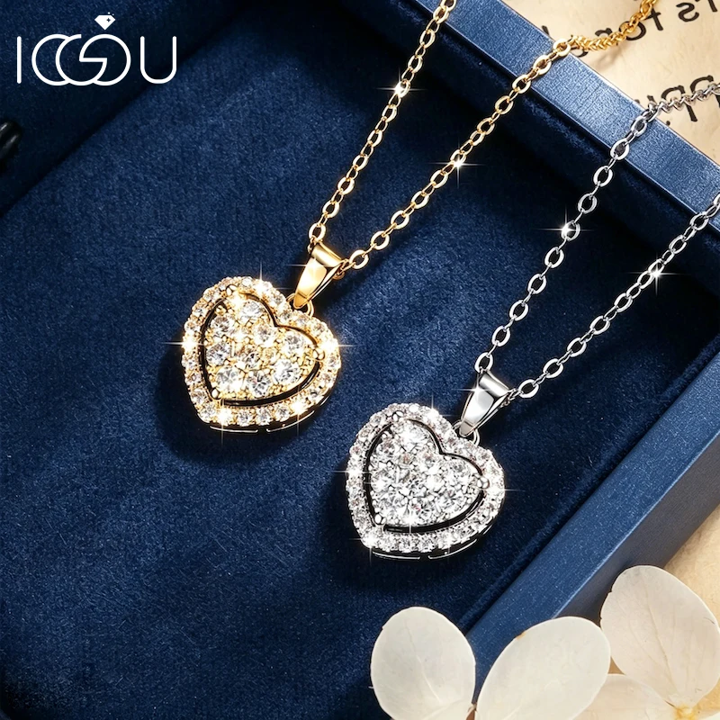 IOGOU Romantic Full Moissanite Halo Heart-Shaped Pendant Necklace Certified Lab Created Diamond Necklace for Women Jewelry Gifts