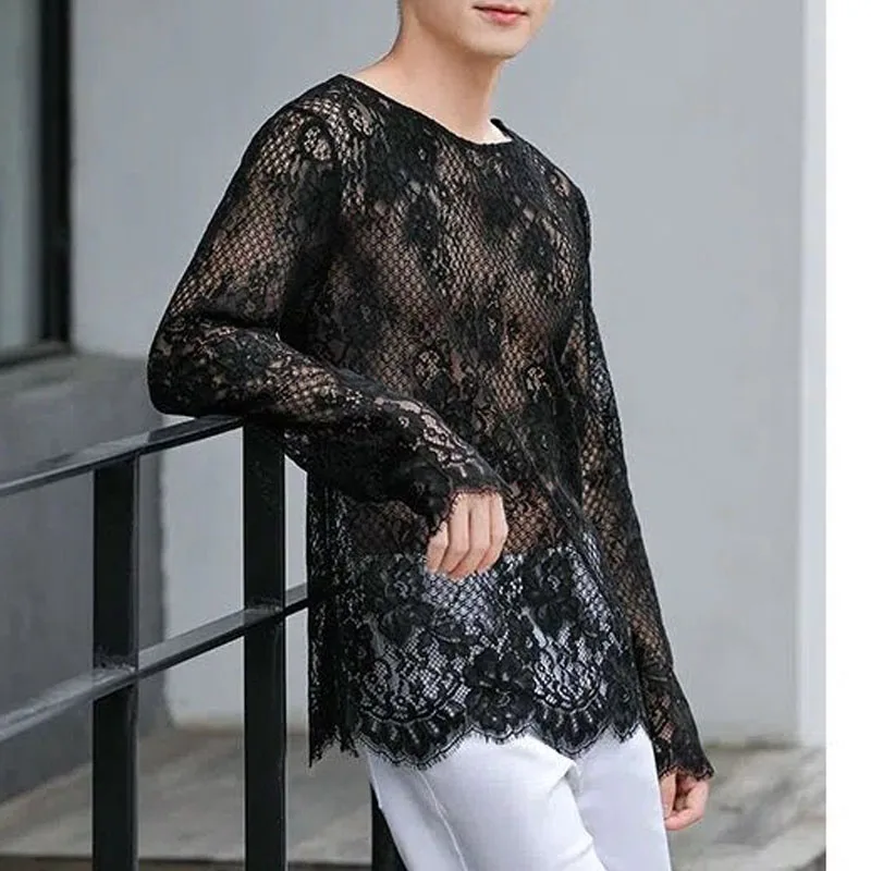 Man Lace T-shirt New Hollow Long Sleeve Bottoming Shirt Fashion Casual High Street Solid Color Men\'s Wear