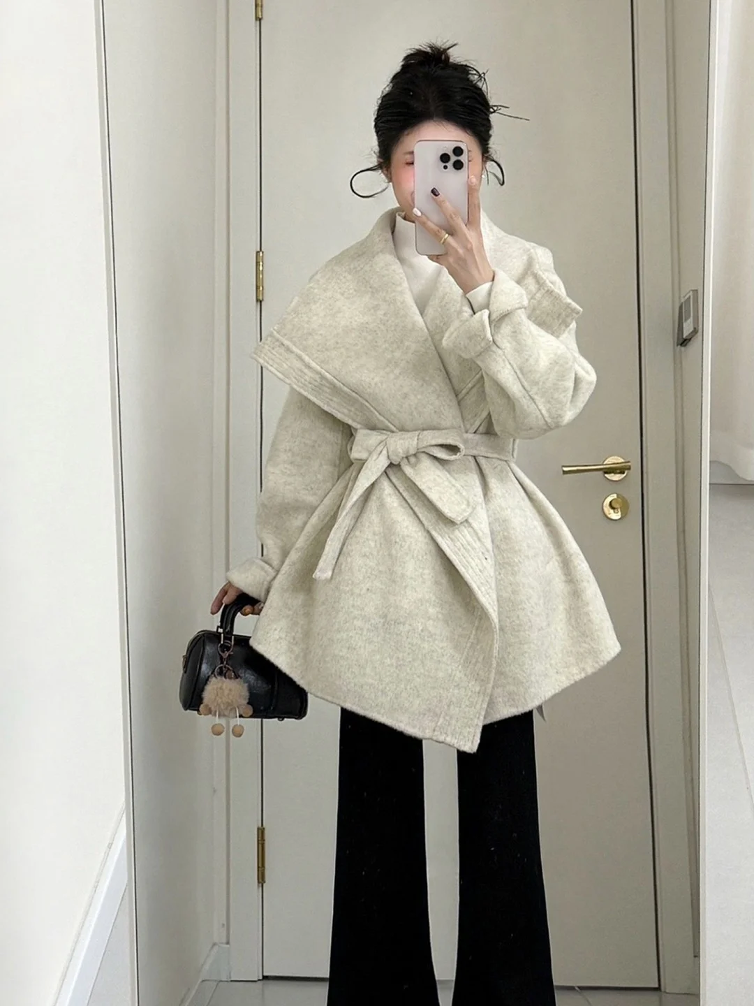 

plus Size ey ort Woolen Coat Women's Faion Spring Belted Waist High-End Feel V-Ne Sle Online Exclusive Youth Fem