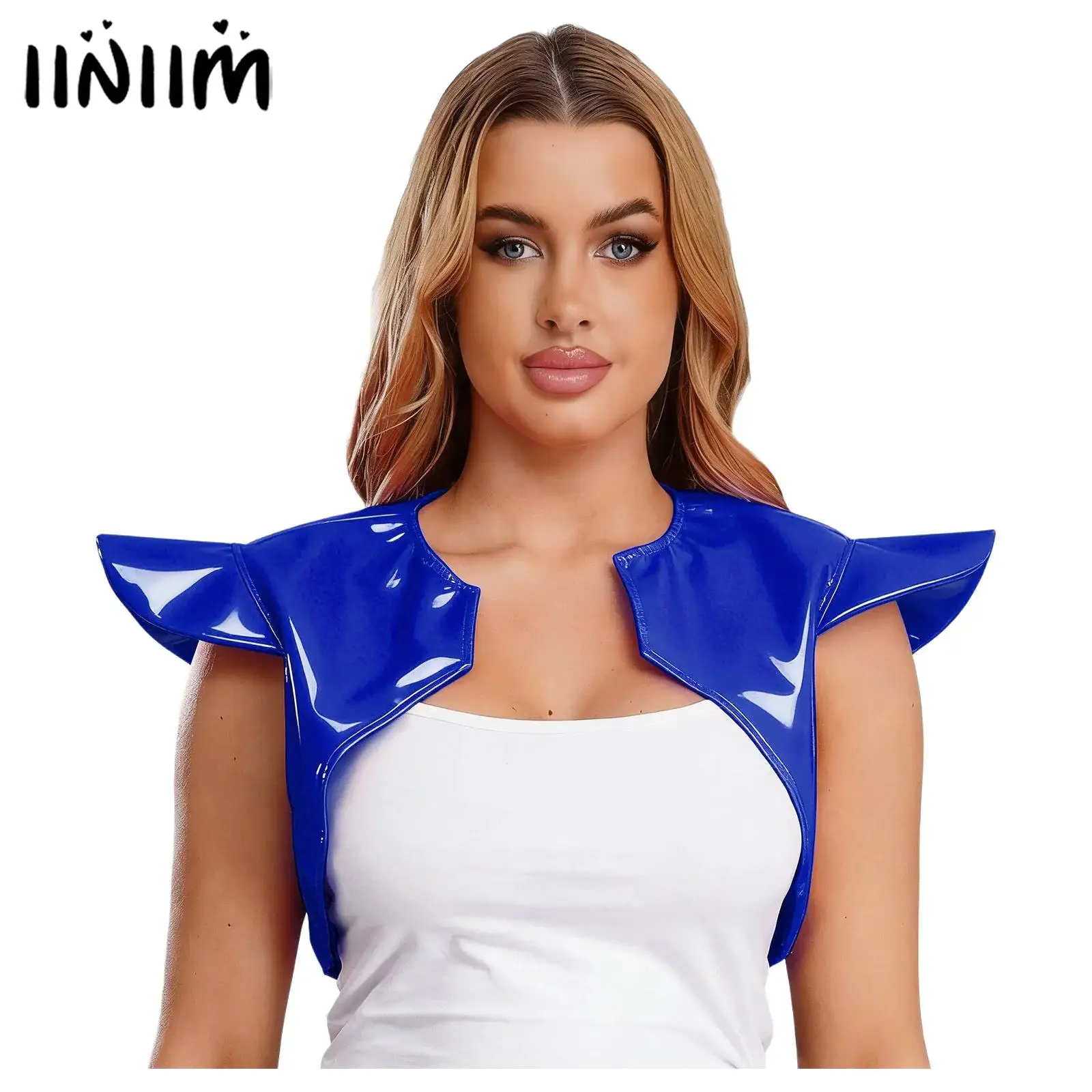 

Womens Patent Leather Cap Sleeves Shrug Top Open Front Asymmetrical Hem Shoulder Armor Vest for Nightclub Halloween Theme Party