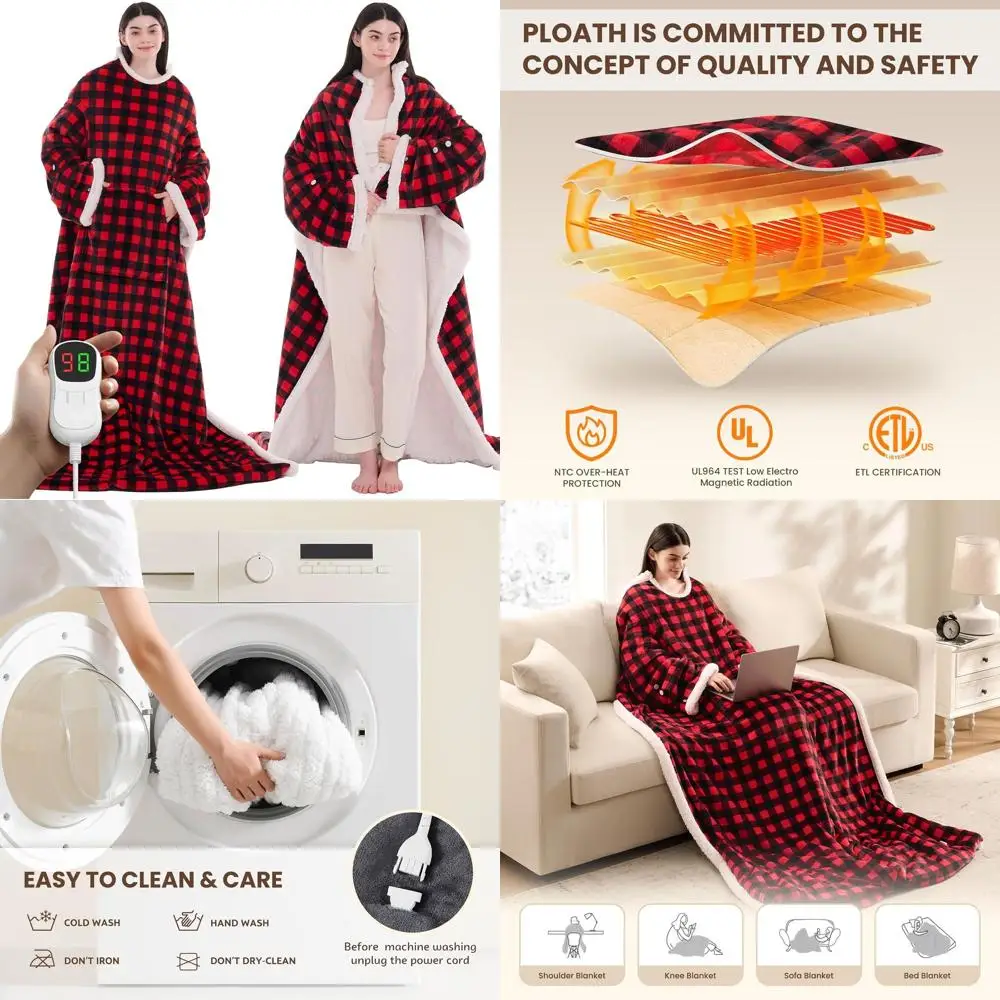 

Электрическое одеяло с подогревом: 10-уровневый тепловой плед с толстовкой, ткань шерпа, красный плед 50x75.