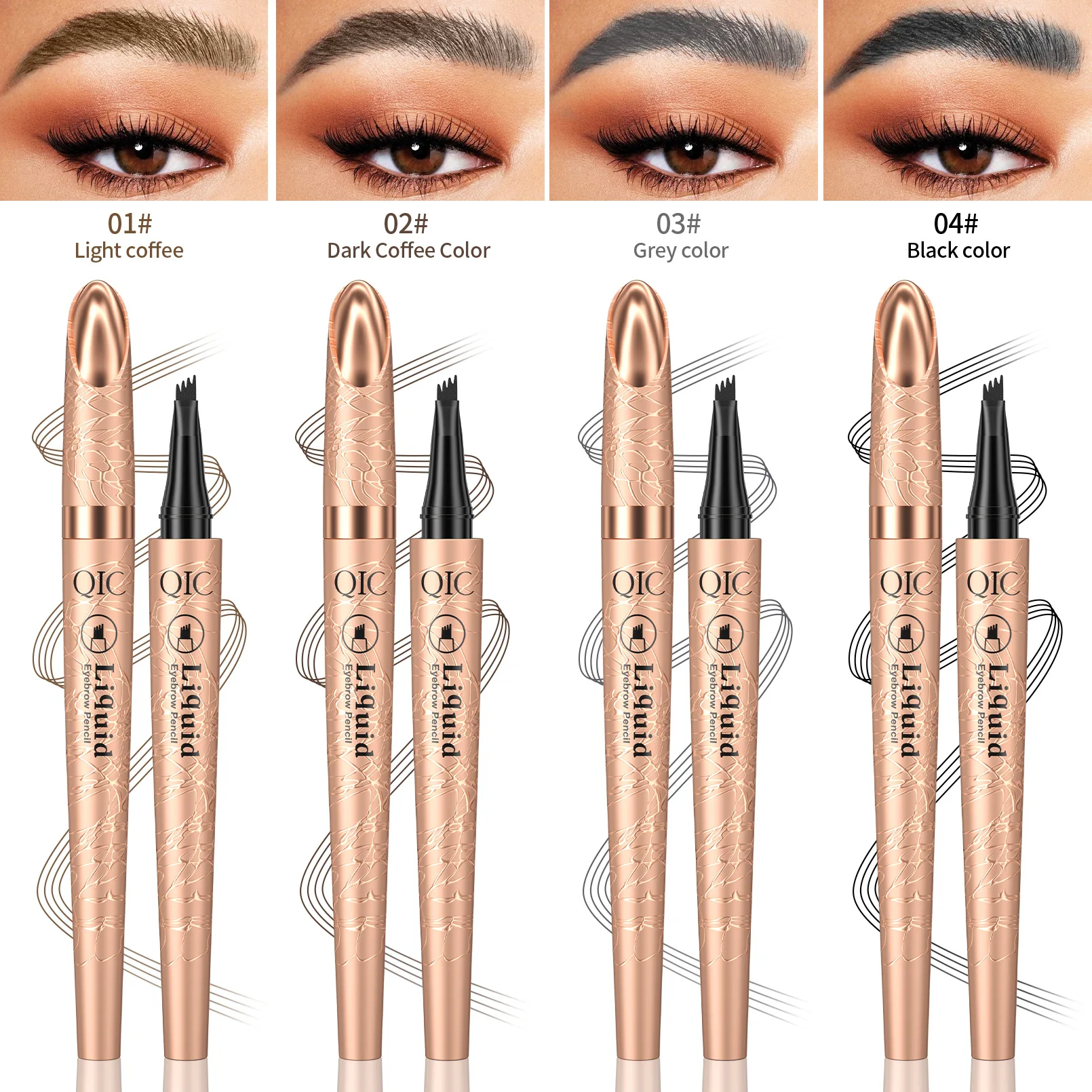 QIC Four-Jaw Ultra-Fine Liquid Eyebrow Pencil Tattoo Pencil Waterproof Sweat-Proof Dark Brown Liquid Brow Pen Makeup Cosmetics